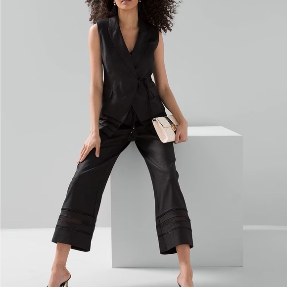 White House Black Market Black Wide-Leg Pants with Tassel Tie size 4 Long - Picture 4 of 4